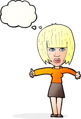 Bir insan tarafından çizilmiş düşünce baloncuğuyla rahatsız bir kadın.