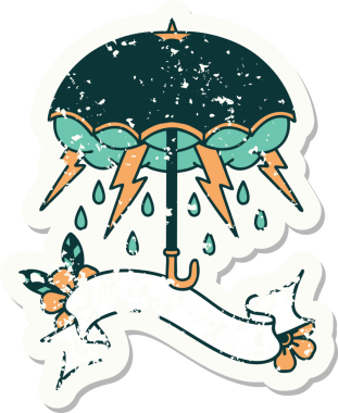 Bir insan tarafından çizilmiş şemsiyeli eski bir etiket.