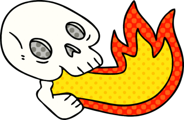 Ateş püskürten çizgi roman tarzı bir insan tarafından çizilmiş tuhaf bir kafatası.