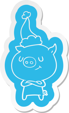 Bir insan tarafından çizilmiş Noel Baba şapkası takan bir domuzun komik çizgi film çıkartması.