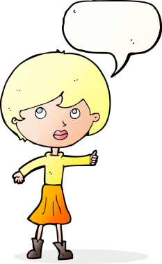 Bir insan tarafından çizilmiş konuşma balonuyla soru soran karikatür kadını.