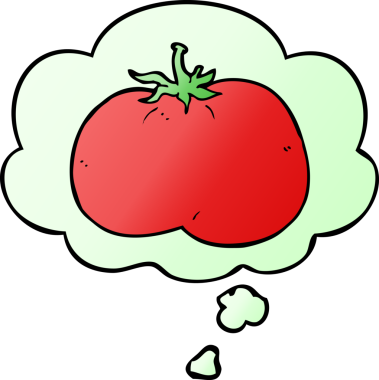 Düşünce baloncuklu çizgi film domatesi, bir insan tarafından çizilmiş düz eğimli bir şekil.