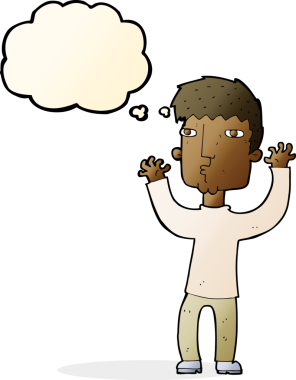 Bir insan tarafından çizilmiş düşünce baloncuğu olan endişeli bir adam.