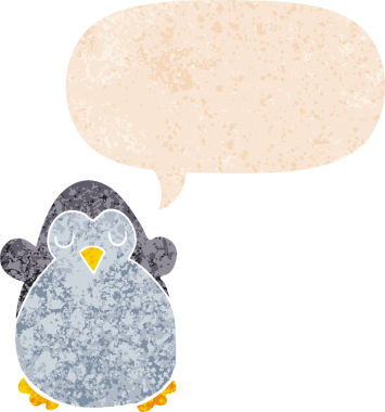 grunge 'da konuşma balonu olan karikatür pengueni bir insan tarafından çizilmiş tedirgin geçmiş dokulara sahip.