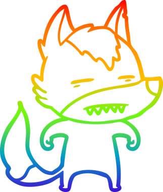 Gökkuşağı gradyan çizgi çizimi bir insan tarafından çizilmiş dişleri gösteren bir kurt çizgi