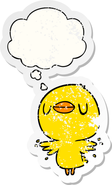 Düşünce baloncuğuyla kanat çırpan karikatür civcivi insan tarafından çizilmiş yıpranmış bir çıkartma gibi
