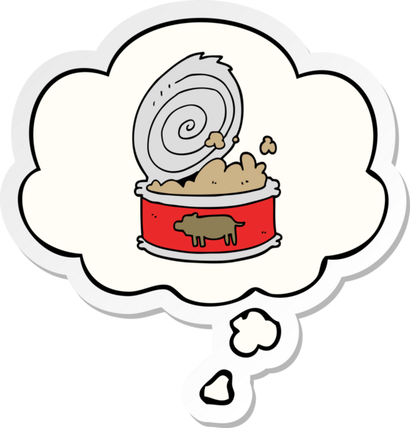 Bir insan tarafından çizilmiş, düşünce baloncuklu konserve yiyecekler.