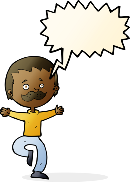 Bir insan tarafından çizilmiş konuşma balonlu bıyıklı çizgi film dansçısı.