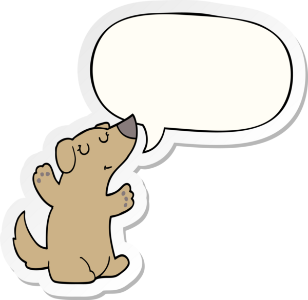 Bir insan tarafından çizilmiş konuşma balonu çıkartmalı çizgi film köpeği.