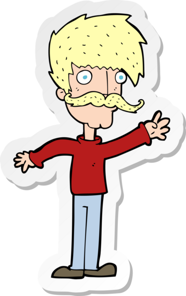 Bir insan tarafından çizilmiş bıyıklı bir karikatür çıkartması.