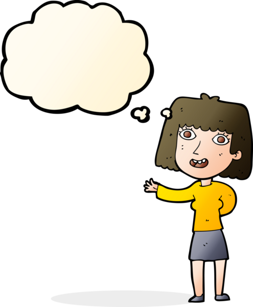 Karikatür dostu kadın bir insan tarafından çizilmiş düşünce balonuyla el sallıyor.