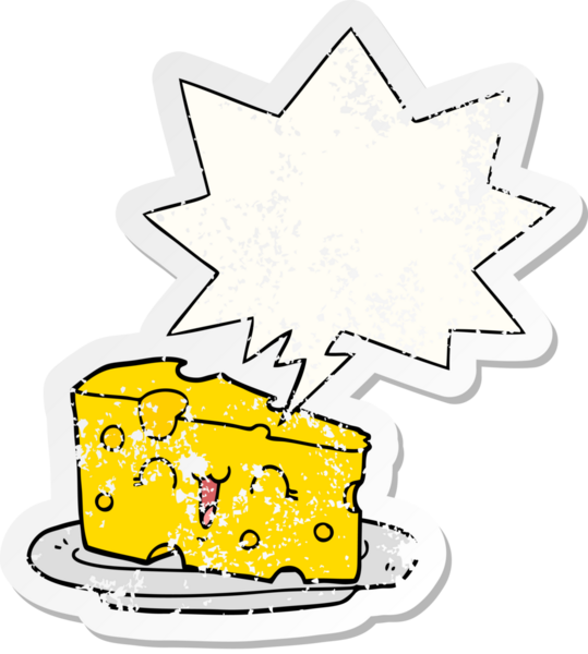 Konuşma baloncuklu şirin çizgi film peyniri bir insan tarafından çizilmiş sıkıntılı eski bir çıkartma