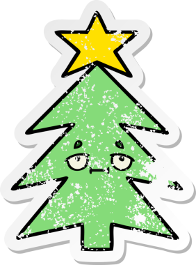 Bir insan tarafından çizilmiş şirin bir karikatür Noel ağacının sıkıntılı çıkartması.