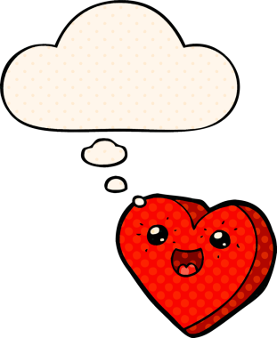 Çizgi roman tarzında düşünce balonu olan kalp çizgi film karakteri bir insan tarafından çizilmiş.