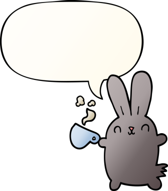 Bir insan tarafından çizilmiş konuşma baloncuklu kahve fincanı olan sevimli çizgi film tavşanı.