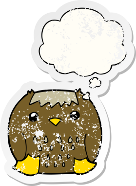 Düşünce baloncuğu olan karikatür baykuşu insan tarafından çizilmiş yıpranmış bir çıkartma.