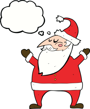 Bir insan tarafından çizilmiş düşünce baloncuklu Noel Baba çizgi filmi.