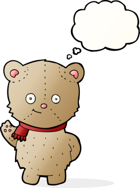 Bir insan tarafından çizilmiş düşünce balonlu oyuncak ayıyı sallayan çizgi film.