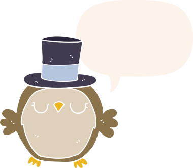 Bir insan tarafından çizilmiş eski tarz konuşma baloncuğu olan silindir şapkalı bir baykuş.