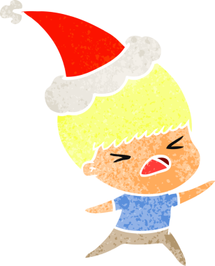 Bir insan tarafından çizilmiş Noel Baba şapkası giymiş stresli bir adamın el çizimi karikatürü.