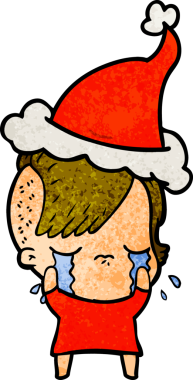 Bir insan tarafından çizilmiş Noel Baba şapkası giymiş ağlayan bir kızın el çizimi karikatürü.