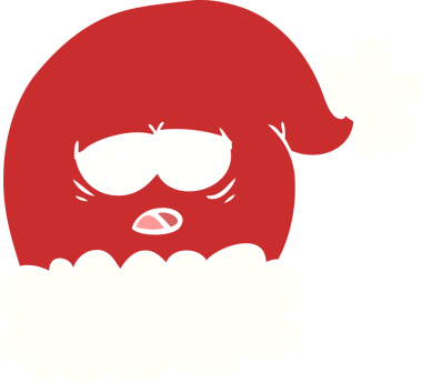 Düz renkli bir çizgi film. Noel Baba şapkası. Yorgun bir insan tarafından çizilmiş.