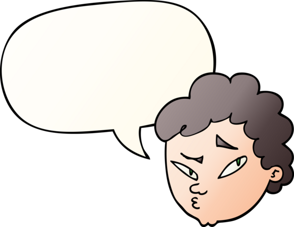 bir insan tarafından çizilmiş düzgün eğimli konuşma baloncuğu olan şüpheli bir karikatür.