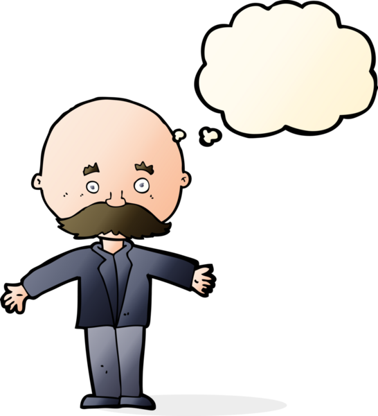 Bir insan tarafından çizilmiş düşünce baloncuğuyla açık kollu kel bir adam.