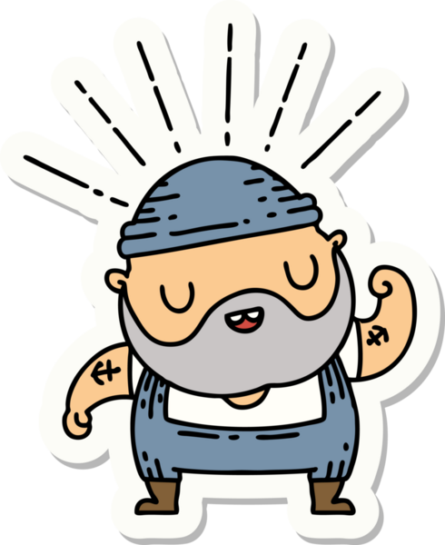 Dövme stili sakallı bir adamın çıkartması. Bir insan tarafından çizilmiş pazılarını esnetiyor.