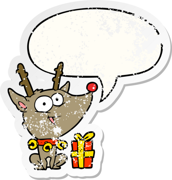 Bir insan tarafından çizilmiş, kederli, yaşlı bir çıkartma, konuşma baloncuklu bir karikatür ren geyiği.