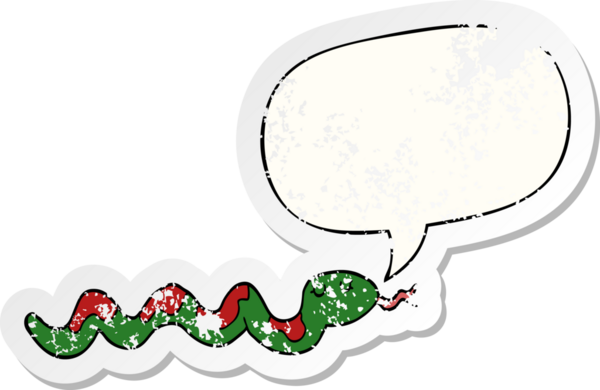 Konuşma baloncuğu olan çizgi film yılanı, bir insan tarafından çizilmiş sıkıntılı eski bir çıkartma.