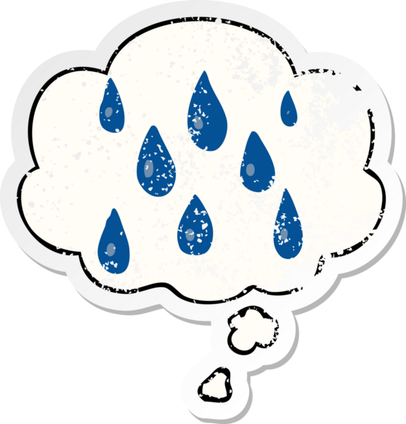 Düşünce baloncuklu karikatür yağmur damlaları insan tarafından çizilmiş yıpranmış bir çıkartma gibidir.