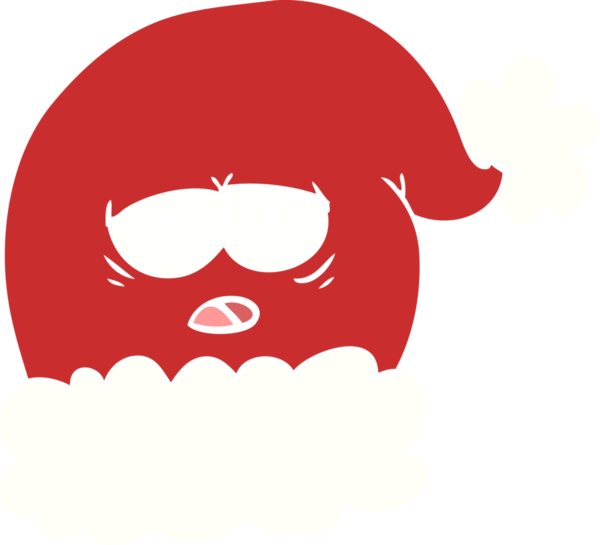 Düz renkli bir çizgi film. Noel Baba şapkası. Yorgun bir insan tarafından çizilmiş.