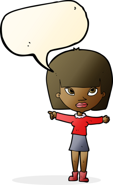 Bir insan tarafından çizilmiş bir konuşma balonuyla işaret eden çizgi film kadını.