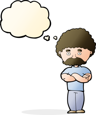 Bir insan tarafından çizilmiş düşünce balonuyla kollarını kavuşturmuş çizgi film babası.