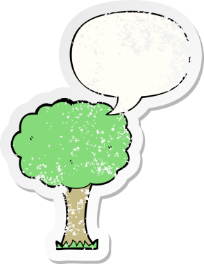 Konuşma baloncuğu olan karikatür ağacı bir insan tarafından çizilmiş sıkıntılı eski bir çıkartma