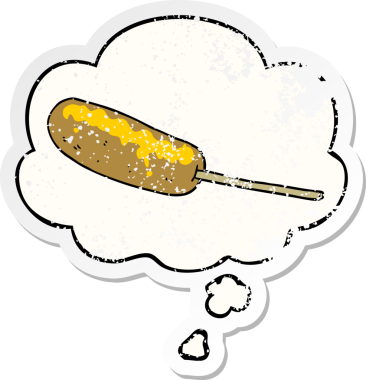 Düşünce baloncuğu olan bir çubuğun üzerinde çizgi film sosislisi insan tarafından çizilmiş yıpranmış bir çıkartma.