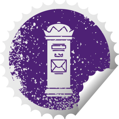 Bir insan tarafından çizilmiş İngiliz posta kutusunun sıkıntılı, dairesel soyulan etiketi.