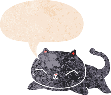 grunge 'da konuşma balonu olan çizgi film kedisi bir insan tarafından çizilmiş dertli retro desenli
