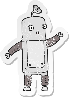 Bir insan tarafından çizilmiş karikatür robotunun gerilmiş yapıştırması.