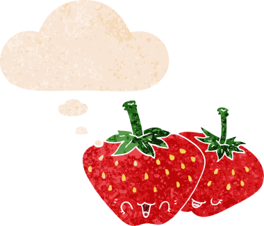 Düşünce baloncuklu karikatür çilekleri grunge sıkıntılı retro dokuma tarzı bir insan tarafından çizilmiş