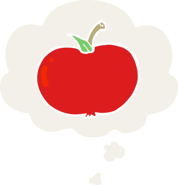 insan tarafından çizilmiş, düşünce baloncuklu çizgi film elması.