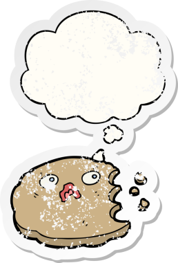 Düşünce baloncuklu çizgi film kurabiyesi insan tarafından çizilmiş yıpranmış bir çıkartma.