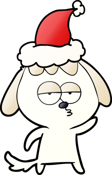 Bir insan tarafından çizilmiş Noel Baba şapkası takan sıkılmış bir köpeğin el çizimi karikatürü.