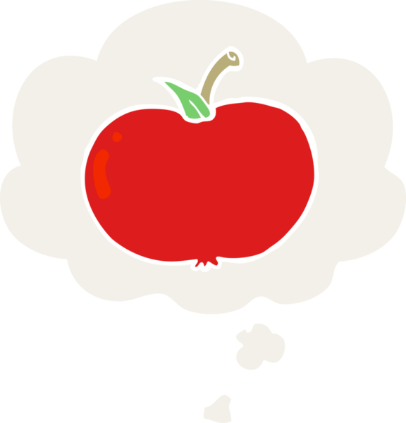 insan tarafından çizilmiş, düşünce baloncuklu çizgi film elması.