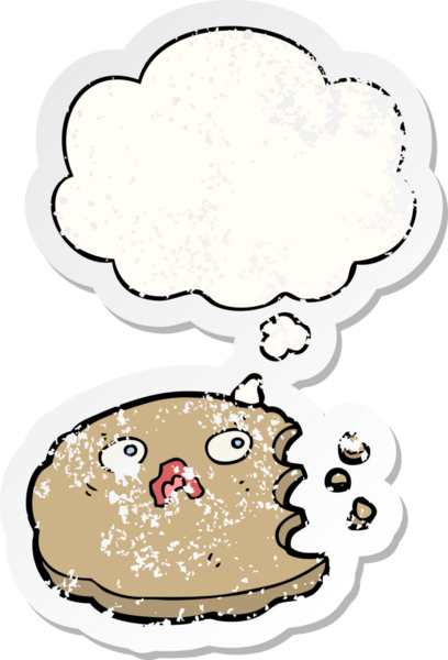 Düşünce baloncuklu çizgi film kurabiyesi insan tarafından çizilmiş yıpranmış bir çıkartma.