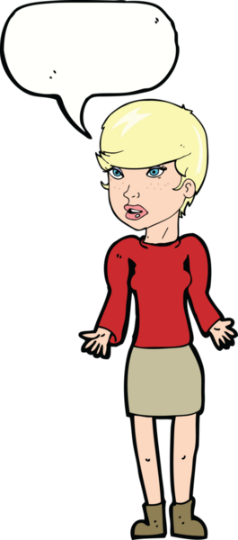 Bir insan tarafından çizilmiş konuşma balonu olan kafası karışık bir kadın çizgi filmi.