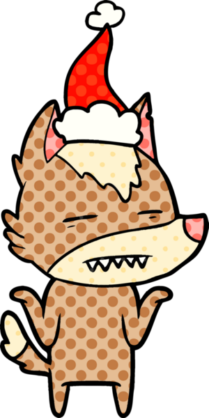 Bir insan tarafından çizilmiş Noel Baba şapkası giymiş bir kurdun el çizimi çizgi roman çizimi.