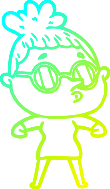 Bir insan tarafından çizilmiş gözlük takan çizgi film kadını çizimi.