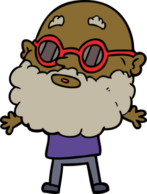 Bir insan tarafından çizilmiş sakallı ve güneş gözlüklü meraklı bir adam.